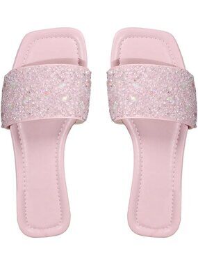 Sparkly Glitter Flat Sandals with Bling Rhinestones - Women's Summer Footwear